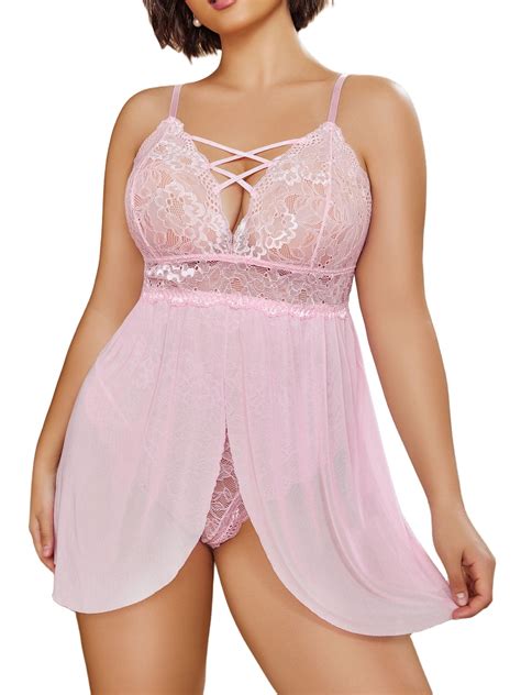 Avidlove Plus Size Lace Sleepwear Nighty Women Sexy Snap Crotch Lingerie Nightwear Dress Pink
