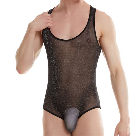 Shiny Mens Sissy Rompers Mesh Sheer Bodysuit One Piece Underwear Gay Jumpsuit Xl Ebay