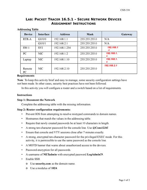 Lab Packet Tracer Secure Network Devices Assignment