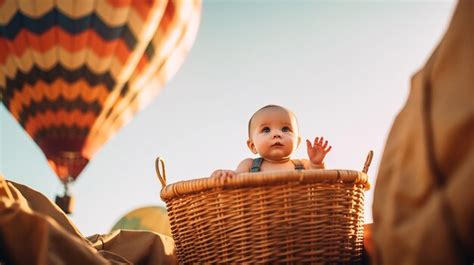 Premium AI Image A Baby Sits In A Basket With A Hot Air Balloon In The Background