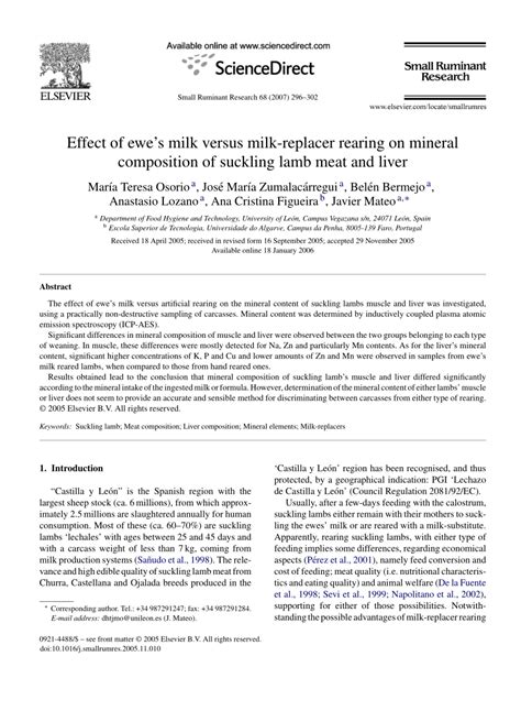 Pdf Effect Of Ewe’s Milk Versus Milk Replacer Rearing On Mineral Composition Of Suckling Lamb