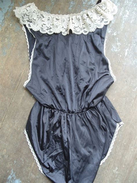 Vintage Black Nylon Teddy Lingerie With Cream Colored Floral