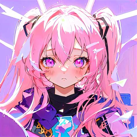 anime girl  pink hair  purple eyes   black top seaart ai