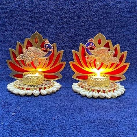 Iron Tea Light Lotus Candle Holder For Diwali Decoration Set Of 2 Shape Round Packaging Type