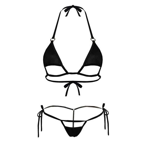 Ztie Women Sexy Halter Neck Top And Tie Sides Thong Extreme Swimsuit Hollow Micro Mini Bikini