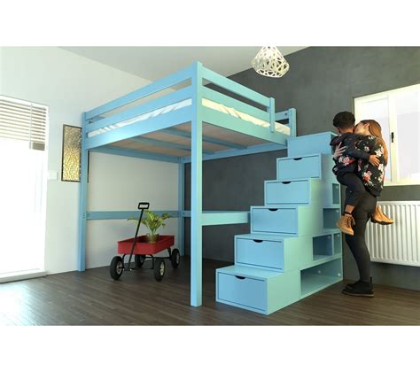 Lit Mezzanine Sylvia Avec Escalier Cube Bois Couleur Bleu Pastel