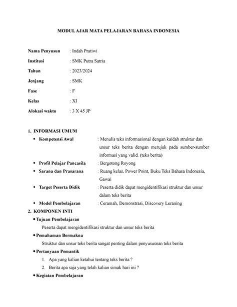 Modul Ajar Mata Pelajaran Bahasa Indonesia Modul Ajar Mata Pelajaran