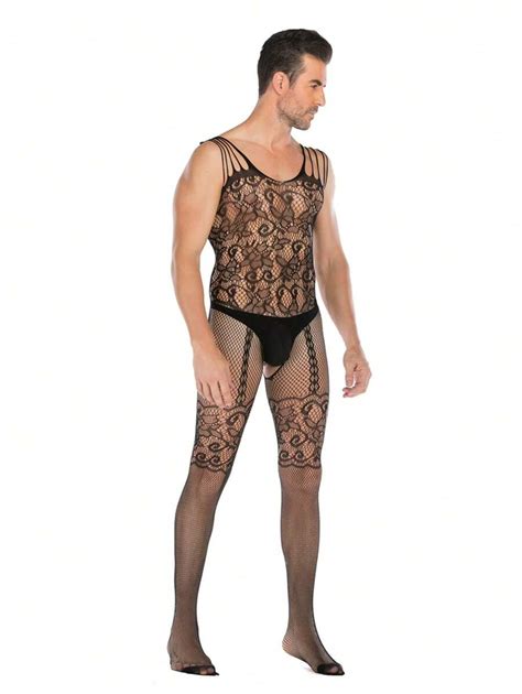 Pc Men S Black Sexy Lingerie Bodysuit Mesh High Elasticity Open Crotch Transparent Sleepwear