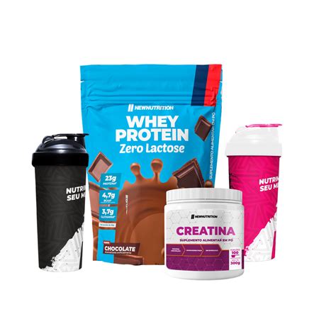 Kit Casal 1 Whey Zero Lactose 2 Coqueteleiras 1 Creatina 300g