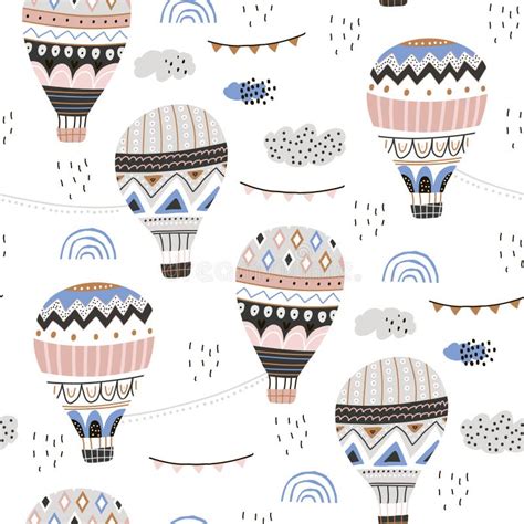 Seamless Hand Drawn Pattern With Hot Air Balloons Clouds Stock Vector Illustration Of