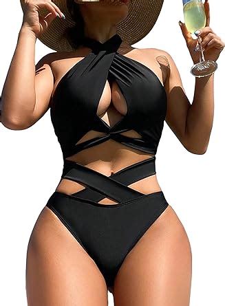 Amazon SHENHE Women S Piece Criss Cross Halter Neck Cut Out Backless Bikini Set Black