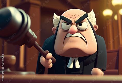 Cartoon character judge with a judge gavel in courtroom. Angry cartoon ...