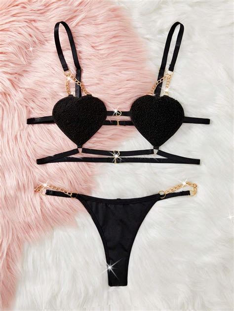 New Black Love Metal Chain Sexy Underwear Sexy Thong Women S Sexy Lingerie Two Piece Set For