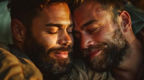 Happy Gay Black Male Couple Cuddling On Couch Indoors Candid African