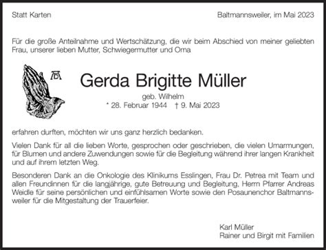 Traueranzeigen Von Gerda Brigitte M Ller Zeit Des Gedenkens De