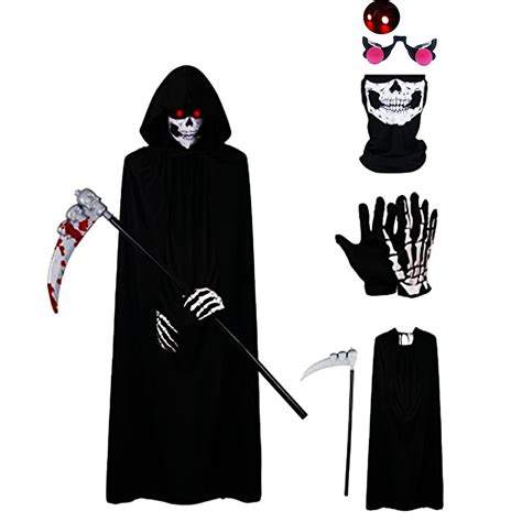 Halloween Grim Reaper Costume for Kids Adults Long Sleeve Hooded