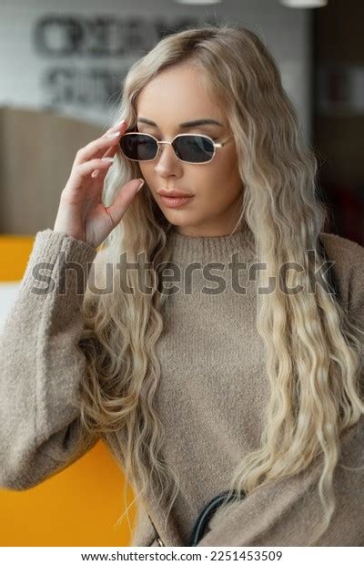 Stylish Beautiful Cool Blonde Woman Hipster Stock Photo