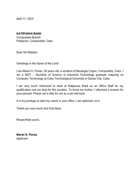 application letter  katipunan bank