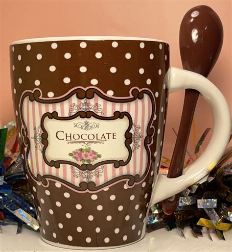 Trisa Stoneware Chocolate Cafe Coffee Mug Cup Brown And Pink Polka Dots