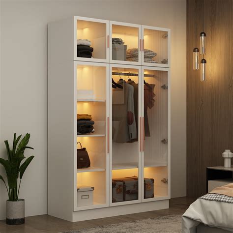 FUFU GAGA Bedroom Wardrobe With Glass Doors And Lights Hanging Rod And