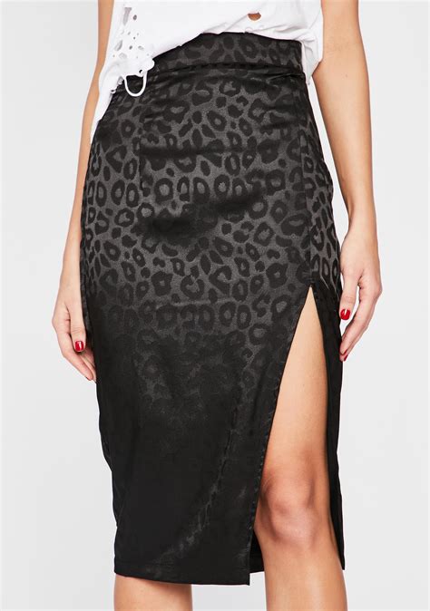 Satin Midi Skirt Leopard Print Slit Silk Black Dolls Kill