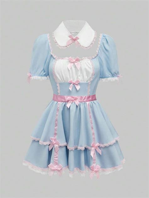 Romwe Kawaii Kawaii Cute Contrast Ruffle Bow Puff Sleeve Cake Skirt Sexy Lingerie Uniform Set