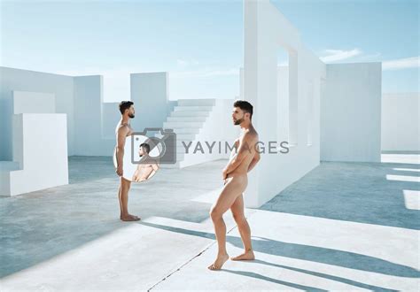 Art Naked Men In Sun With Mirror And Reflection Creative Architecture And Sky With Muscle And