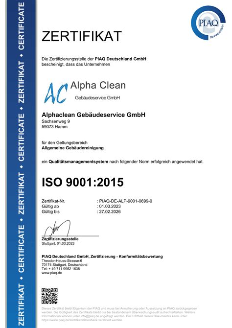 Zertifikat Din Iso Alpha Clean Gmbh Alpha Clean Geb Udereinigung