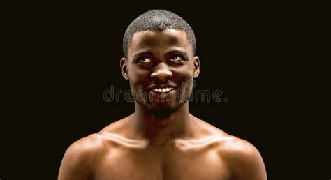 Naked African Man Toothy Smiles Looking Up On Black Background Attractive Male Model With Dark