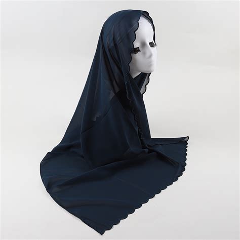 Shawl Sulam Solid Color Pearl Chiffon Embroidered Lace Scarf Muslim