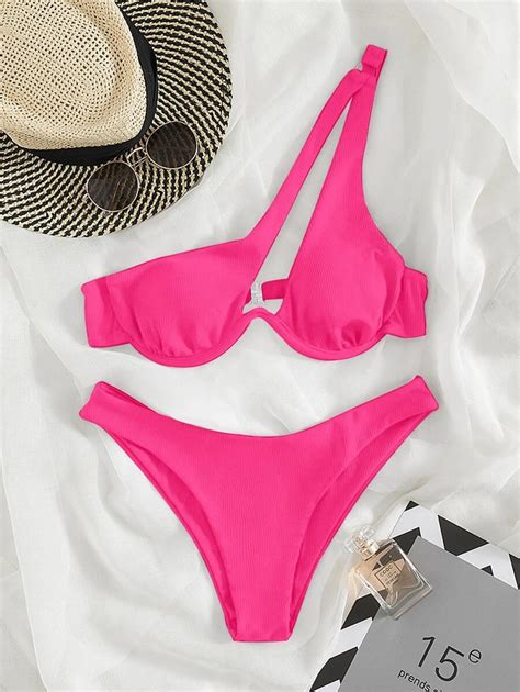 Shein Swim Summer Beach Mono Bikini Set One Shoulder Underwire Top High Cut Bottom Piece