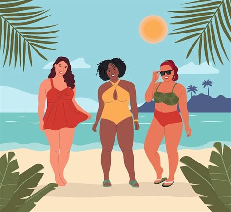 Jeunes Femmes De Taille Plus En Bikini Isolé Scène De Plage Vecteur Illustration Plate Vecteur