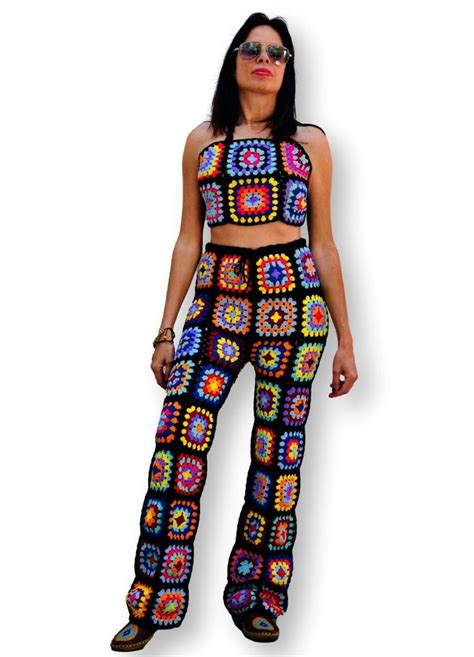 Crochet Pants And Top Granny Square Pants Vintage Pants Retro Pants