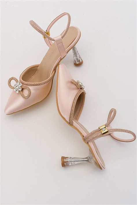 Bilekten Taşlı Kurdeleli Kadın Topuklu Ayakkabı NUDE SATEN