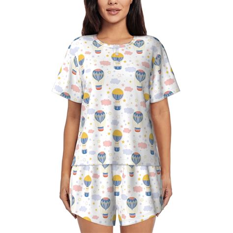 Balery Hot Air Balloon Pattern Womens Pajama Sets Piece Soft Short Sleeve Top And Shorts