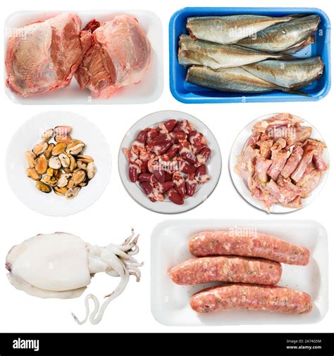 Collection Of Raw Meat Poultry Fish Isolated On White Background Stock