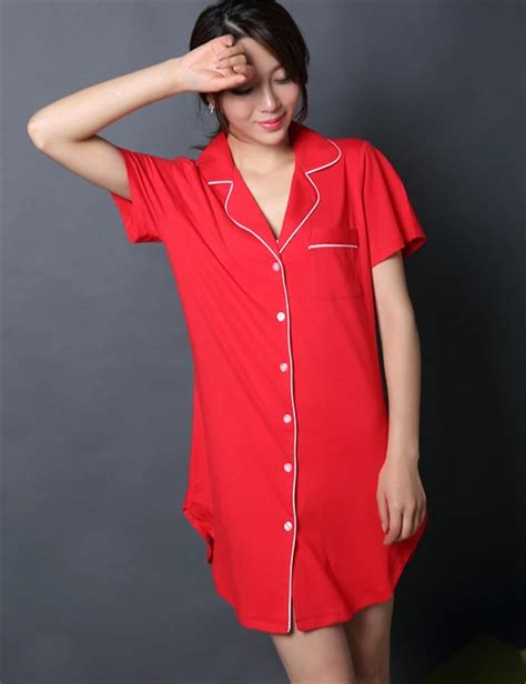 Button Sleep Shirt Women Sleepshirts Cotton Knit Sleepwear Short Sleeve Ladies Nightshirts In