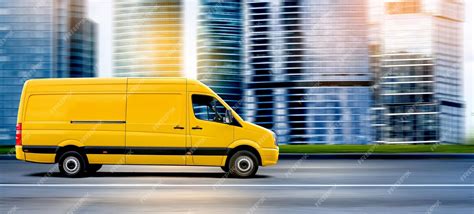 Premium Photo | Yellow Van driving on a city road at sunset in front of ...