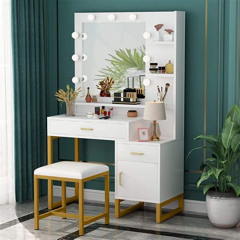 Dressing Table Gold And White Vanity Set With Lighted Mirror And Stool