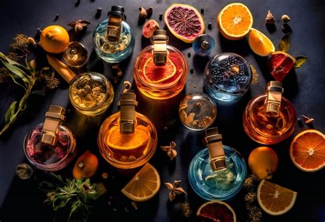 Premium Photo | Perfume bottles with different fruit and spices