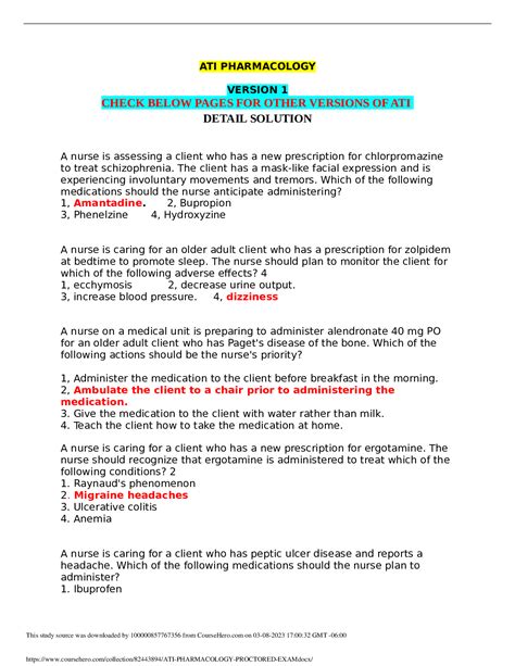 ATI PHARMACOLOGY PROCTORED EXAM - Scholarfriends