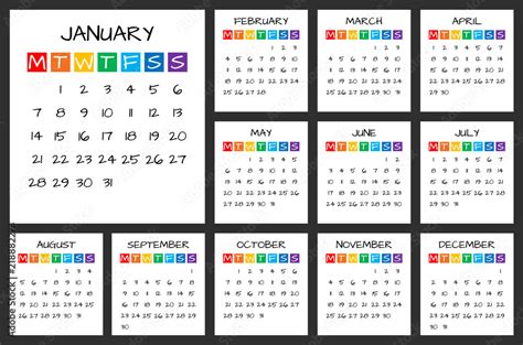 2019 Full Year Calendar Kids Style Vector Illustration Stock Vector