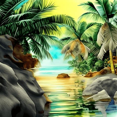 Tropical Scenery Art Painting Watercolor Hyper Realistic Intricate