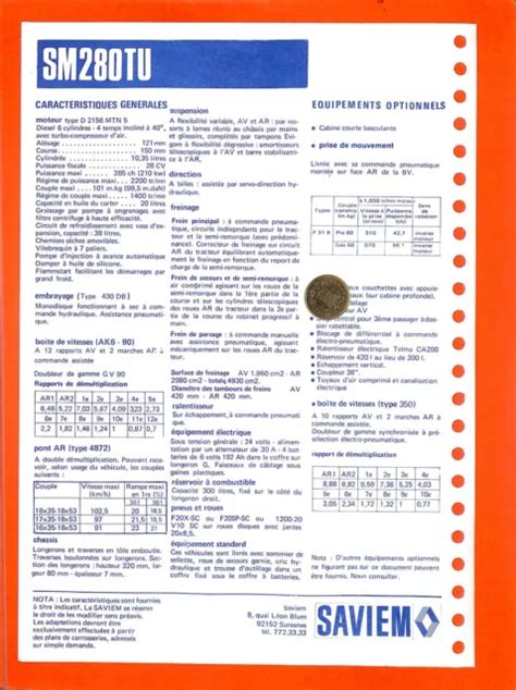 SAVIEM FICHE TECHNIQUE CHASSIS TRACTEUR SM 280 TU A De 1973 EUR 4