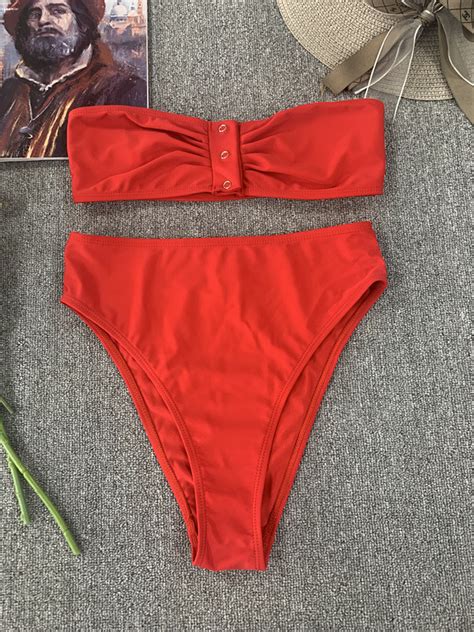 Cute Solid Color Bandeau Top High Cut Strapless Bikini Bikini And Swimwear Price