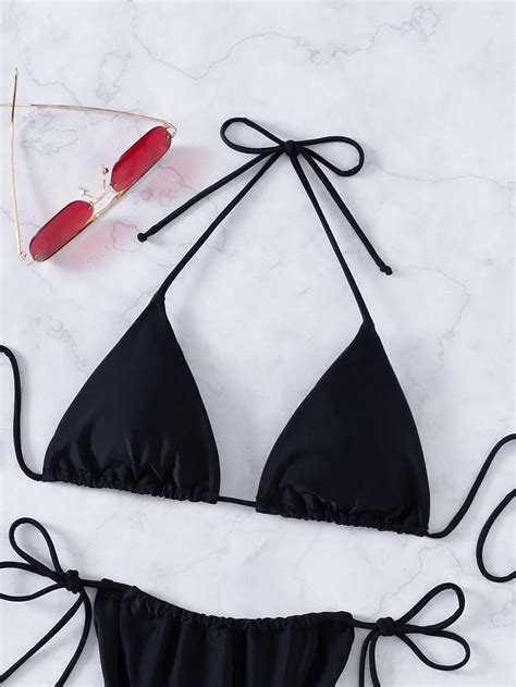 Custom New Solid Sexy Mini Micro Two Piece Bikini Set Beach Wear Triangle Halter Swimsuit Double