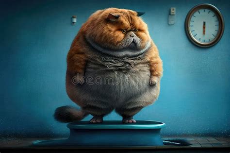Very Fat Cat Is Weighed On The Scales Concept Of Overeating Obesity