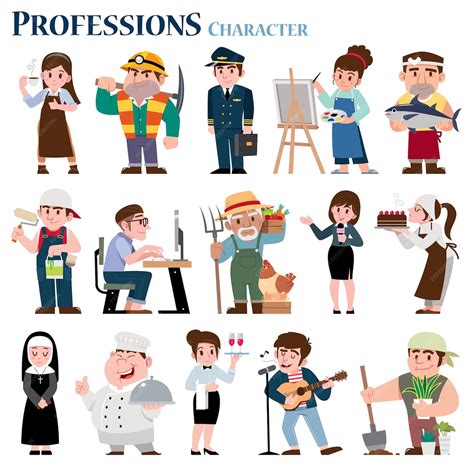 Desenho Profissoes - Conjunto de personagens de desenho animado de profissões | Vetor Premium