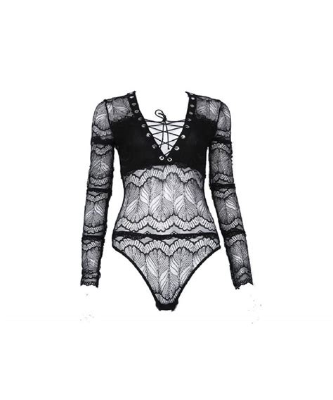 Women S Lingerie Bodysuit Lace Jumpsuit V Neck With Long Mesh Sleeve Cy Iotw M