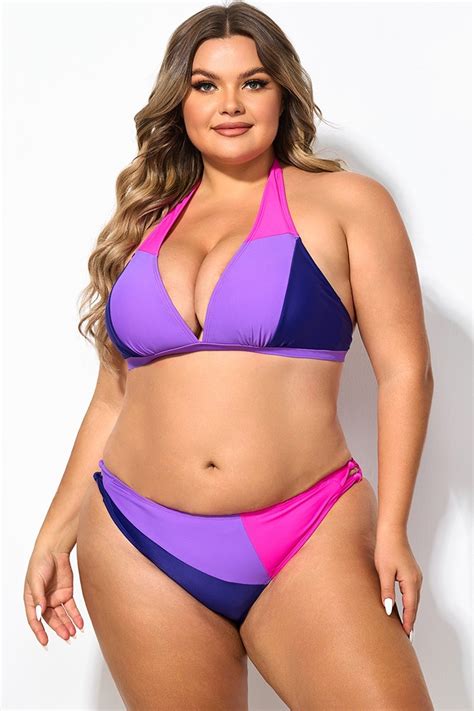 Plus Size Halter Colorblock Sexy Bikini Top Meet Curve